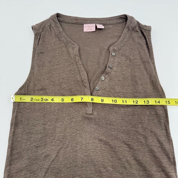 St. Tropez Brown Fitted 100% Linen Buttoned Tank Top with Mandarin Collar Small - Picture 10 of 11
